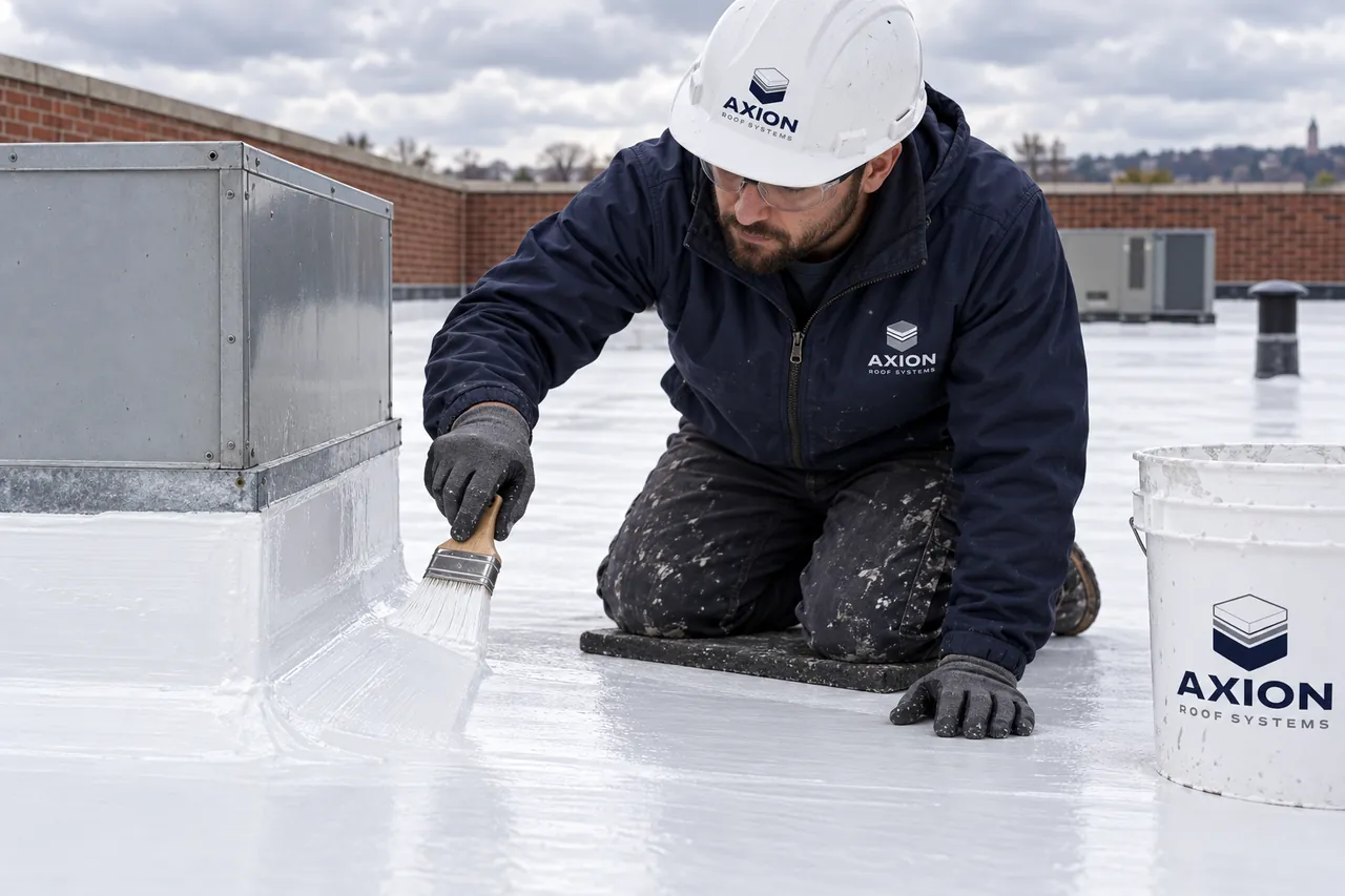 AI illustration: applying white silicone coating around a flat roof curb