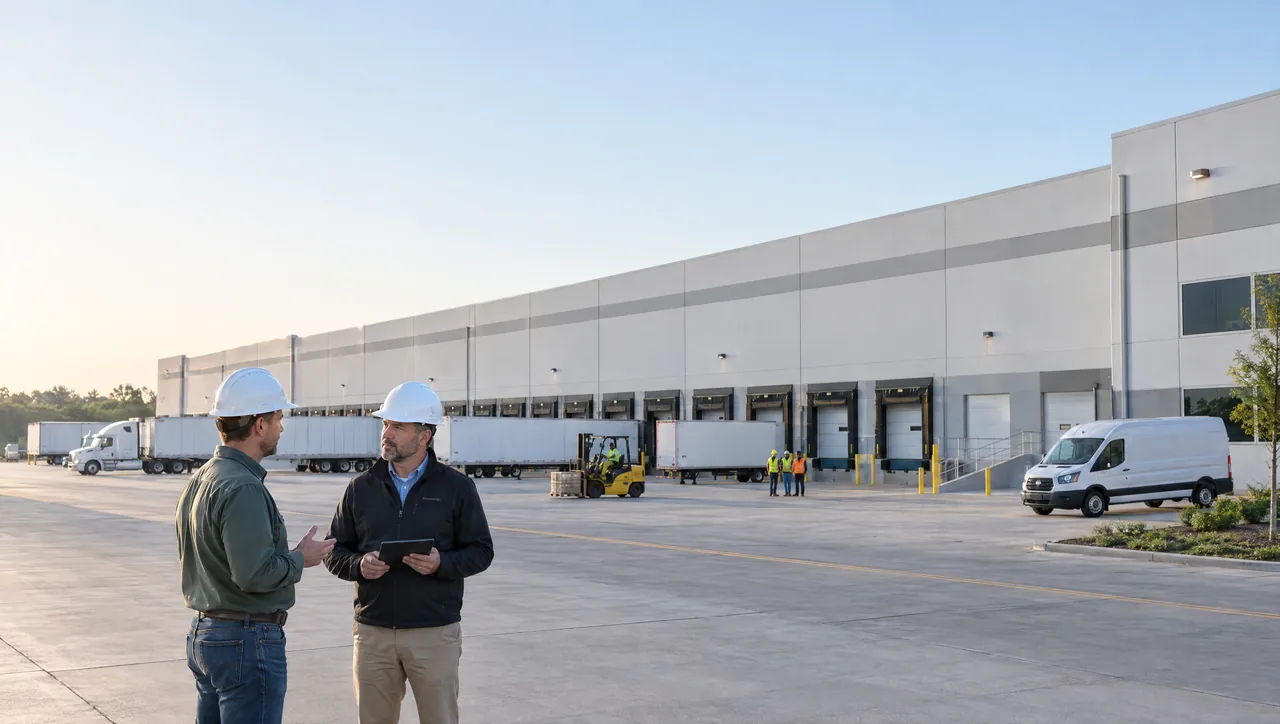 Illustration of coordinating roofing work around a warehouse loading area