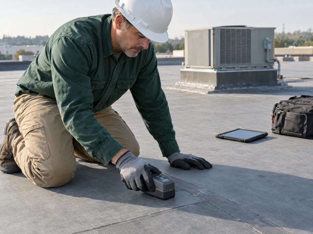 Illustration of a roofing inspector using a non-invasive moisture meter