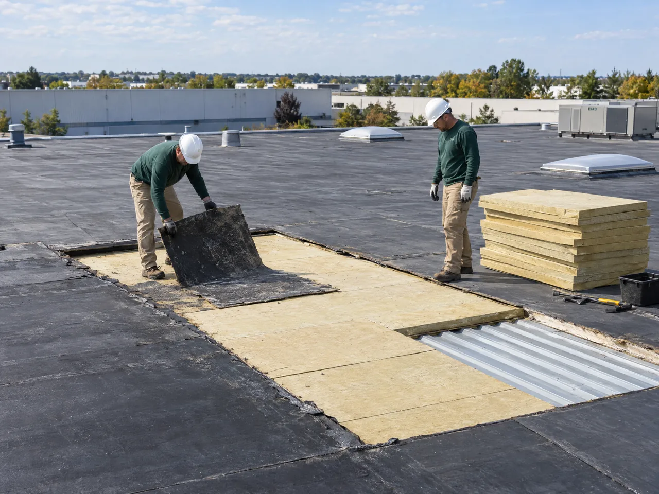 Illustration of commercial roof tear off & replace
