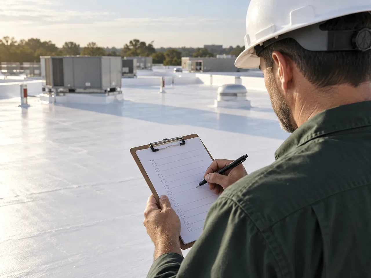 Illustration of commercial roof conditions and work
